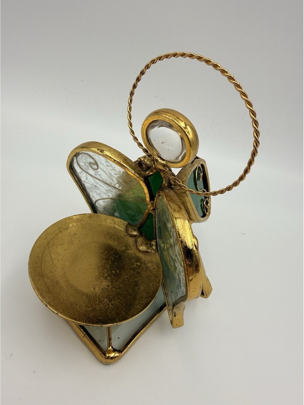 Vintage Stained Glass Green & Gold Tone Metal Angel Tealight Votive Holder 4.5"